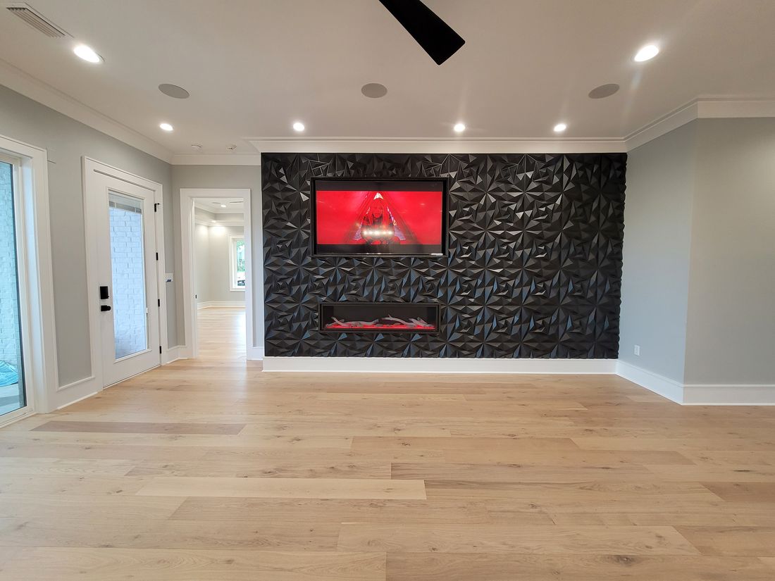 Completed Custom Estate Residence Great Room 3D Fireplace Wall