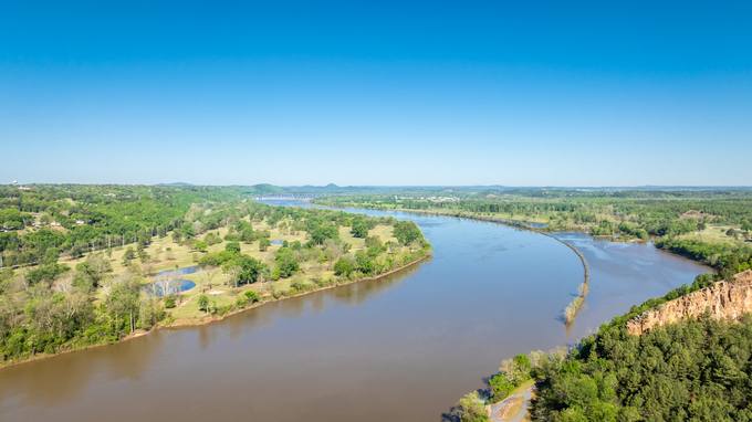 Panoramic Sky View of the Arkansas River Bend and Bridges
