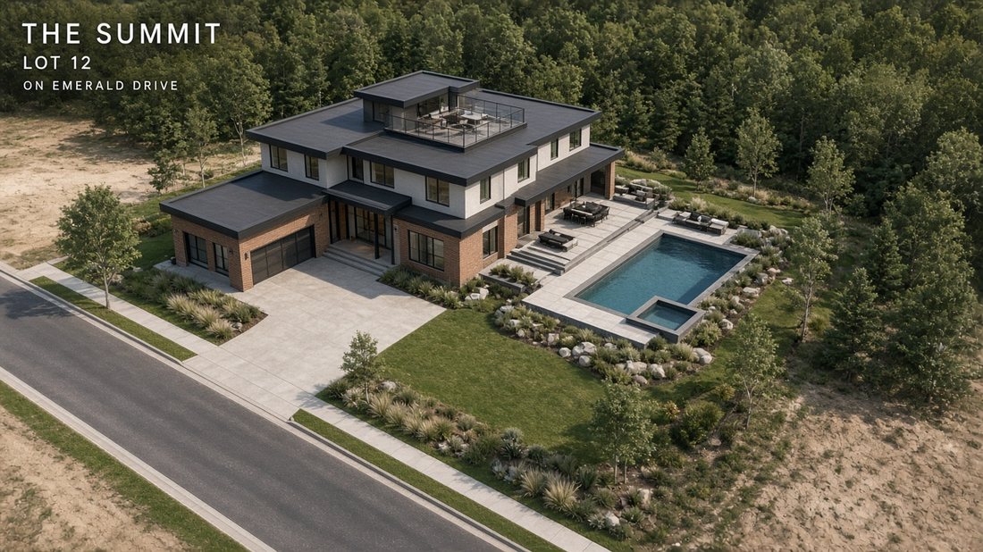 Two-Story Brick and Stucco Aerial with Pool and Spa